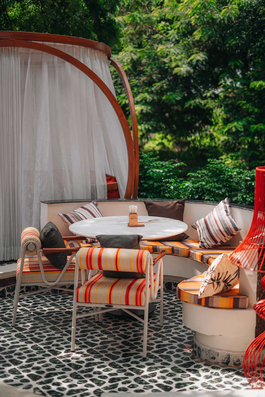 Striped cabana seating in the garden