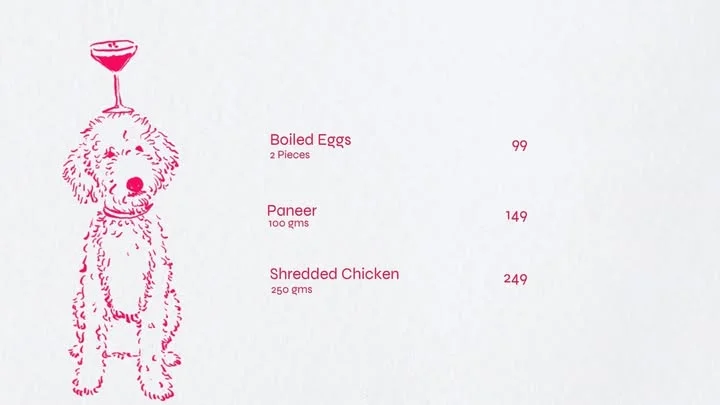 Esak pet menu with prices, Boiled Eggs, Paneer, Shredded Chicken